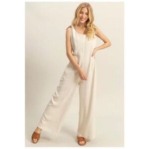 HYFVE Cutout Back Knotted Strap Wide Leg Jumpsuit Oatmeal Linen Blend Sz Medium